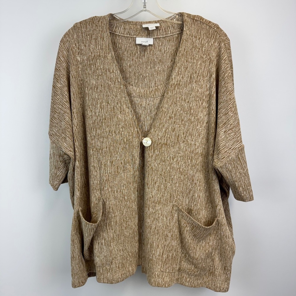 Pure Jill Linen Blend 2 Piece Cardigan Tank Set Tan Marled Knit Womens LP Petite
